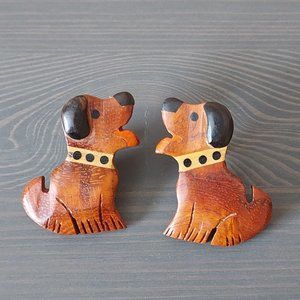 Handcrafted Wood Carved Seated Dog Puppy Drop Dangle Earring Brown Black Stained